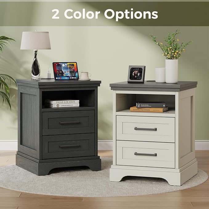 DUMOS Nightstand with Charging Station, Wood Farmhouse Bedside Table with 2 Drawers and Open Shelf, Wood End Table, Modern Side Table for Bedroom, Black - Image 8
