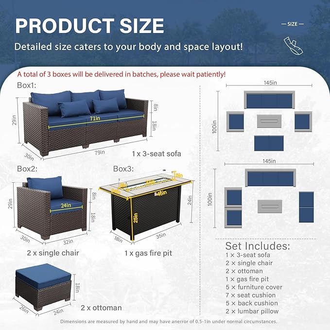 6-Piece Patio Furniture Set Outdoor Furniture Set with 45'' Propane Gas Fire Pit Table Outdoor Conversation Set Wicker Sofa Set Non-Slip Cushions Waterproof Covers, Navy Blue