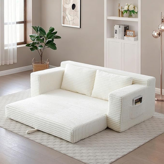 Convertible Sofa Bed, 2 in 1 Memory Foam Futon Couch, No Assembly Corduroy Foldable Sofa Bed, Comfy Floor Couch with 2 Pillows for Bedroom, Living Room, Apartment, Beige