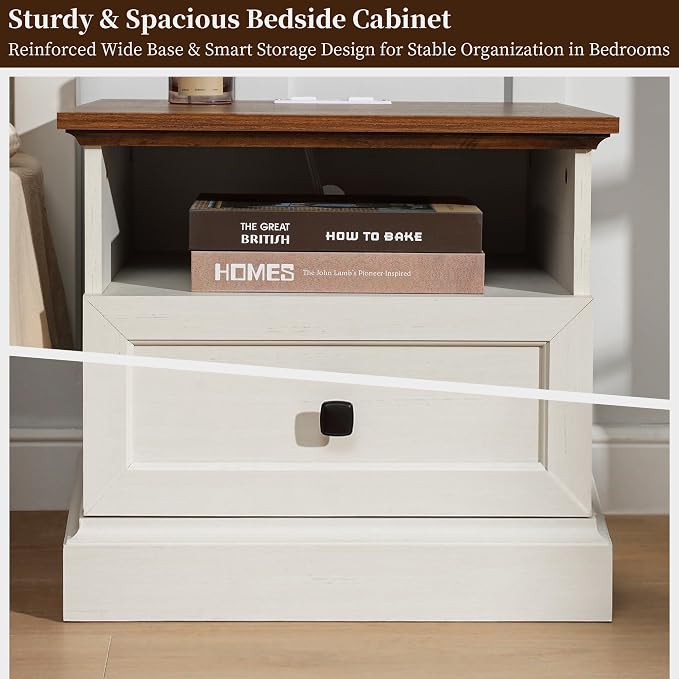 Night Stand with Charging Station, Bedside Table with 2 Drawers Storage and Open Shelf, 20" Wider Farmhouse White Nightstand with Outlets, Wood Modern End Table for Bedroom Office - Image 7