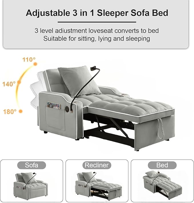 3 in 1 Convertible Sleeper Sofa Bed with Phone Holder, 35'' Pull Out Sofa Bed Recliner with Adjustable Backrest, Velvet Fabric Sleeper Couch Single Modern Chair for Small Space & RV, Gray