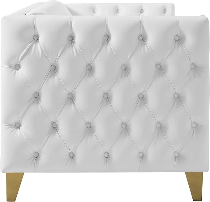 Meridian Furniture 651White-L Michelle Collection Modern | Contemporary Loveseat with Deep Button Tufting, Gold Nailhead Trim and Sturdy Gold Iron Legs, White Vegan Leather, 66" W x 34" D x 30" H