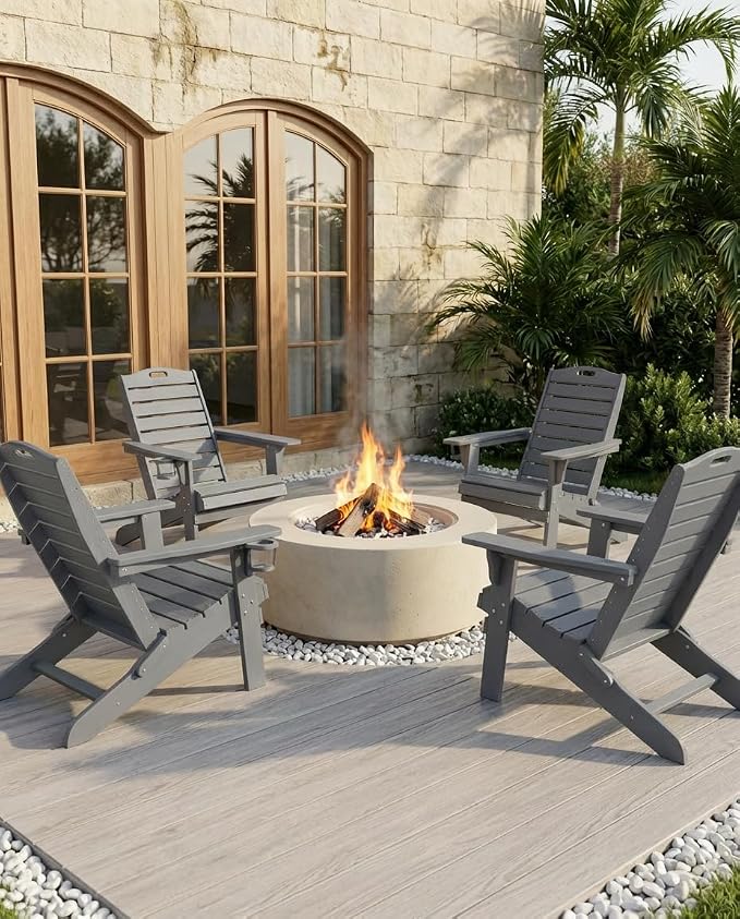 Adjustable Adirondack Chairs Set of 2 with Retractable Ottoman, HDPE Folding Adirondack Chair with Cup Holders, Weather Resistant for Backyard, Poolside & Fire Pit (Grey) - Image 2