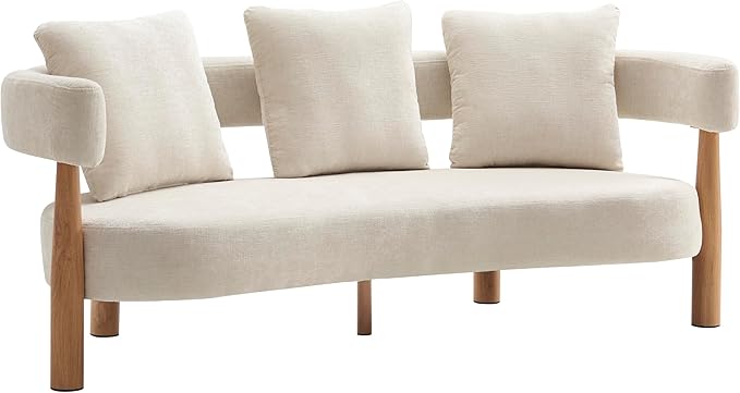 Christopher Knight Home Yulez Curved 3-Seater Sofa Couch with 3 Accent Pillows, Chenille Fabric Upholstered Lounge Seating, 76.5'' Home Office Bedroom Sofa Chair, Comfy Wooden Frame Sofa, Beige