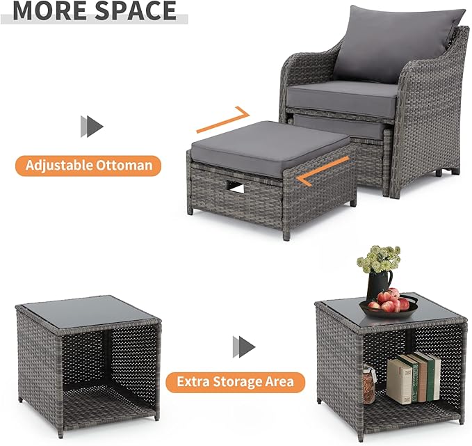 HOMREST 5 Piece Balcony Furniture, All Weather PE Wicker Rattan Patio Furniture Set, Cushioned Patio Chairs Set of 2 w/Ottoman&Table, Outdoor Lounge Chair for Lawn Pool Balcony, Grey