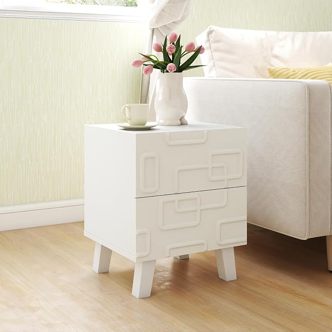 Giantex Mid Century Modern Nightstand Set of 2, 2-Drawer Bedside Table with 3D Geometric Patterns, Accent Sofa Side Table, Night Stand for Small Space, Bedroom, White - Image 8