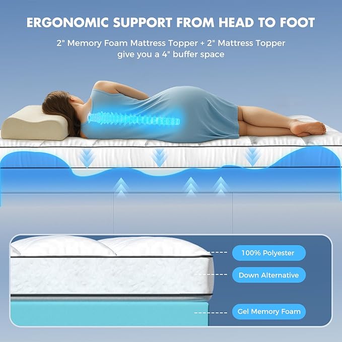 Dual Layer 4 Inch Memory Foam Mattress Topper Twin Size, 2 Inch Cooling Gel Memory Foam, 2 Inch Soft Pillow Top Pad, Breathable Mattress Cover for Back Pain Relief, Deep Elastic Pocket, White