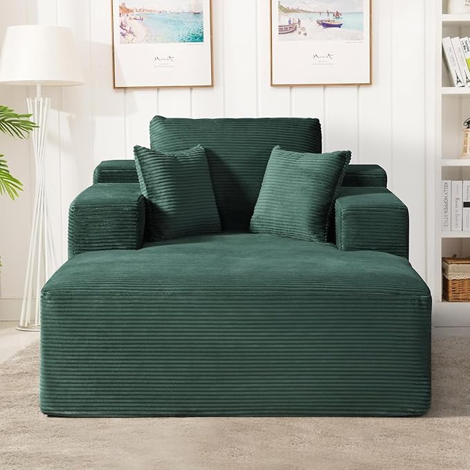 Monroe Convertible Chaise Lounge Chair Indoor – Oversized Corduroy Couch with Wide Armrest & Throw Pillows, Cozy Boneless Sleeper Sofa Bed Armchair, Dark Green