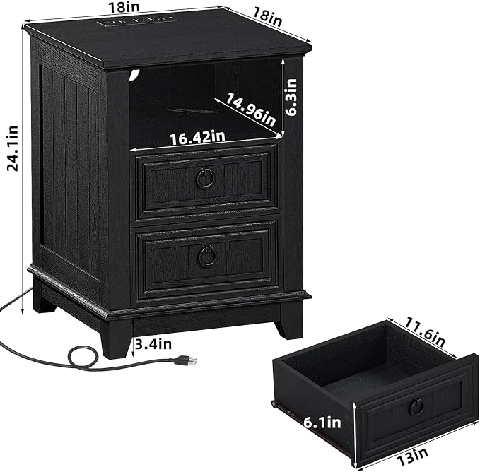 Joaxswe 18" Farmhouse Night Stand with Charging Station, 2 Drawers End Table Dresser for Bedroom, Black Wooden Nightstand, Bed Side Table with Open Shelf, Bedside Cabinet for Living Room, Closet - Image 2