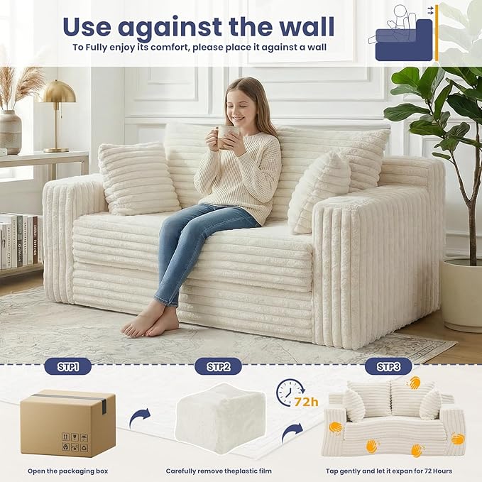 3-in-1 Convertible Sofa Bed: Boneless Loveseat Sleeper & Folding Couch Bed with 4 Pillows & Detachable Cushion,Furry Futon Couch for Bedroom,Apartment,Office and Living Room, No Assembly,Beige