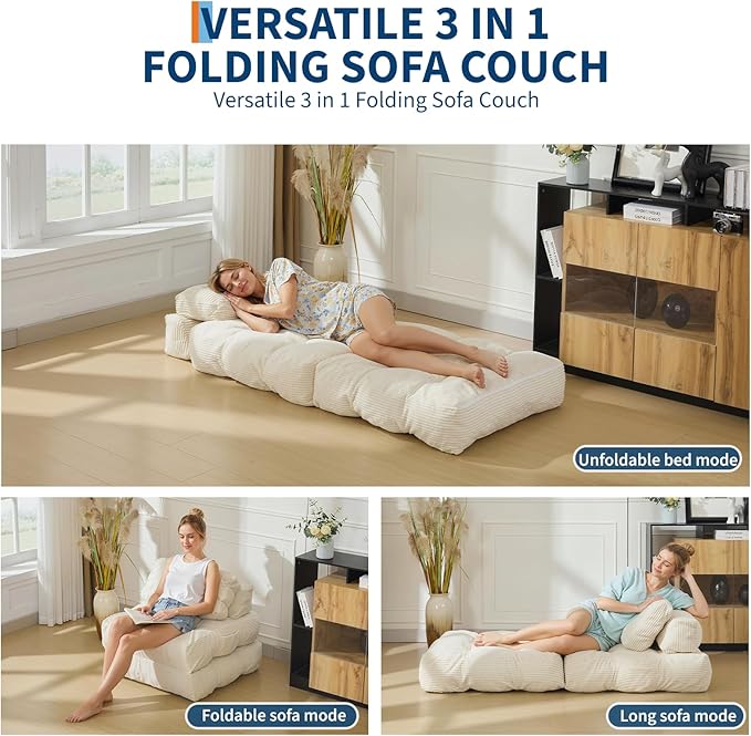 Folding Sofa Bed, Convertible Sleeper Chair with Pillow Foldable Matress with Back Support, Portable Fold Out Chair Bed Comfy Floor Sofa Lounge for Living Room Bedroom, Beige, Single