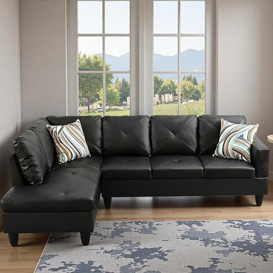 L Shape Sectional Couch with Chaise, 97 Inch Modular Sofa with Ergonomic Reclined Backrest, Sectional Couches for Living Room, Cross Hatch Patterns, for Office and Small Apartment, Black