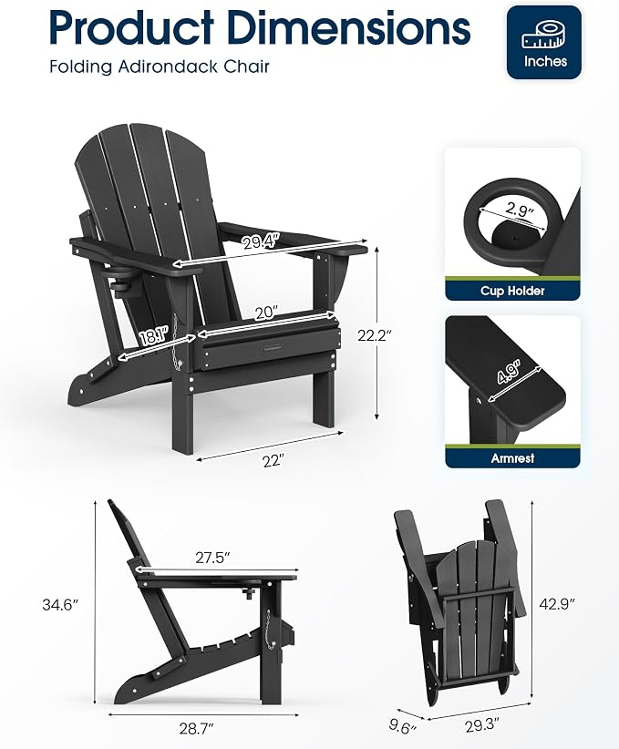 MUCHENGHY Folding Adirondack Chairs 2 Pack, Patio & Outdoor Chairs, Plastic Weather Resistant with Cup Holder for Deck, Backyard, Garden (Black) - Image 3
