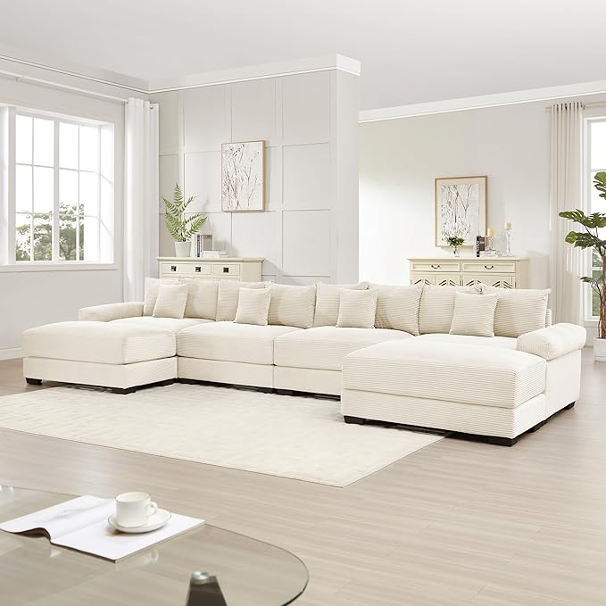 KEIKI 168" U-Shaped Oversized Corduroy Modular Cloud Sectional Sofa with 2 Ottoman, High-Density Foam Cushion, Extra-Thick Armrest, 4-Seater Fluffy Corner Couch with 12 Pillow, for Living Room, Beige