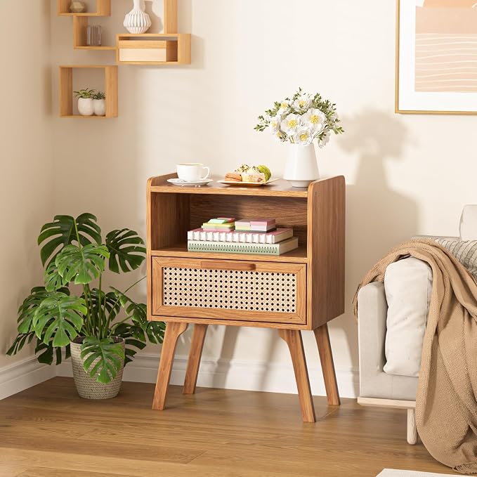 Lerliuo Rattan Nightstand, Side Table with Drawer Open Shelf, Cane Accent Bedside End Table with Solid Wood Legs, Mid Century Modern Night Stand for Bedroom, Dorm and Small Spaces (Tea Brown) - Image 8