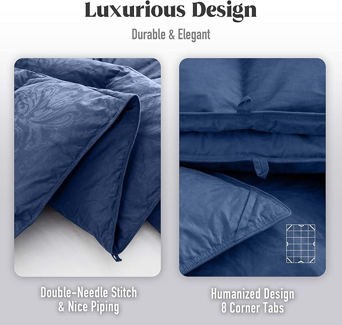 DAICO Goose Feather Down Comforter Oversized King, Luxury All Season Hotel Fluffy Duvet Insert, Ultra Soft 100% Cotton Shell with 8 Corner Tabs, Paisley Design (116x98'', Navy Blue)