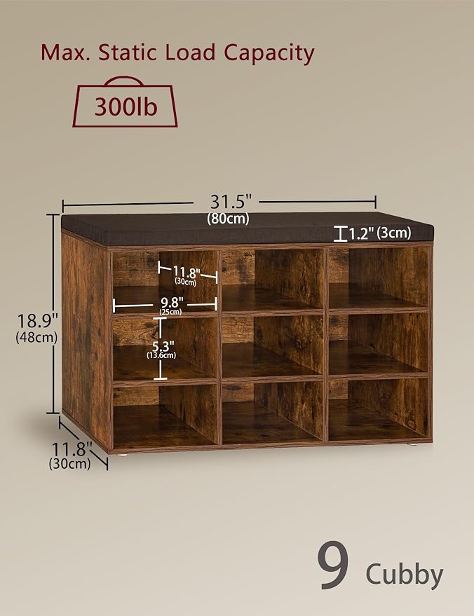 DINZI LVJ Shoe Storage Bench with Cushion, Cubby Rack with 9 Cubbies, Adjustable Shelves, Multifunctional Organizer Bench for Entryway, Mudroom, Hallway, Closet and Garage, Rustic Brown - Image 3
