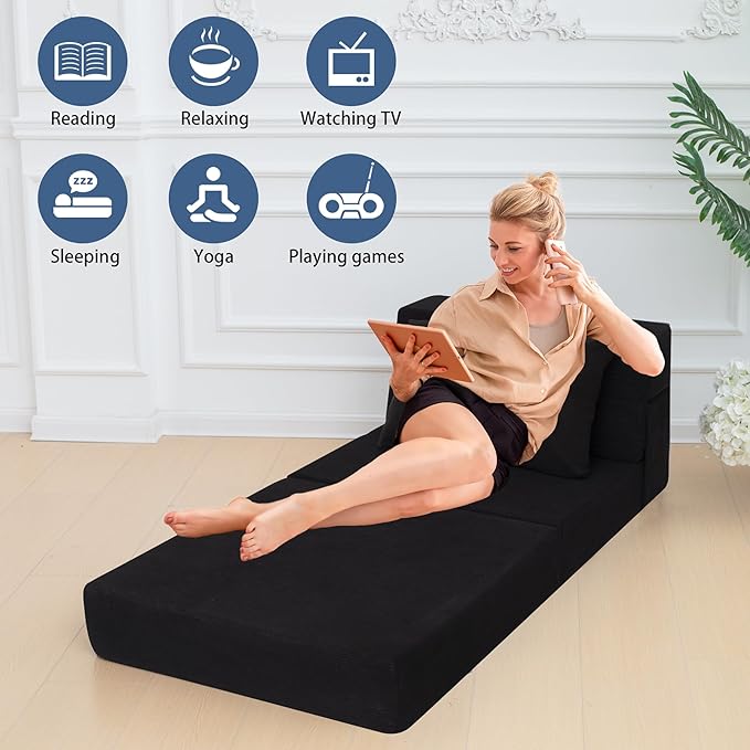 Folding Sofa Bed Chair with Pillow,Convertible Fold Out Chair Sleeper,Foam Floor Mattress, Foldable Futon Couch Bed for Living Room/Dorm/Guest/Office (Black Corduroy, Single)