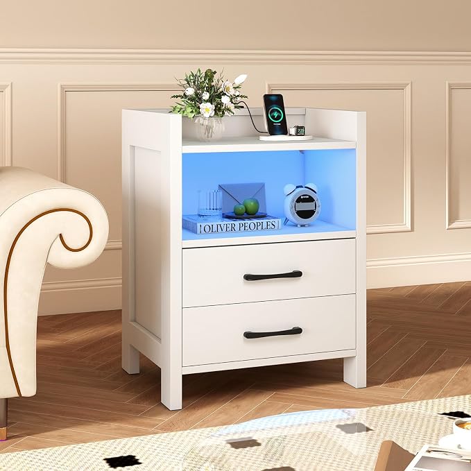KOMFOTT Nightstand with LED Lights & Charging Station, 23.5” Smart Bedside Table with 2 Drawers & Open Storage Shelf, USB Port & Outlets, Modern End Side Table for Bedroom, White - Image 8