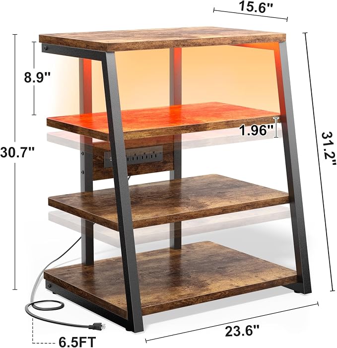 Besiost AV Media Stand with Outlets, Media Console with LED Lights, Stereo Racks and Stands with Storage Shelves, Media Audio Tower Cabinet, Rustic Brown - Image 3