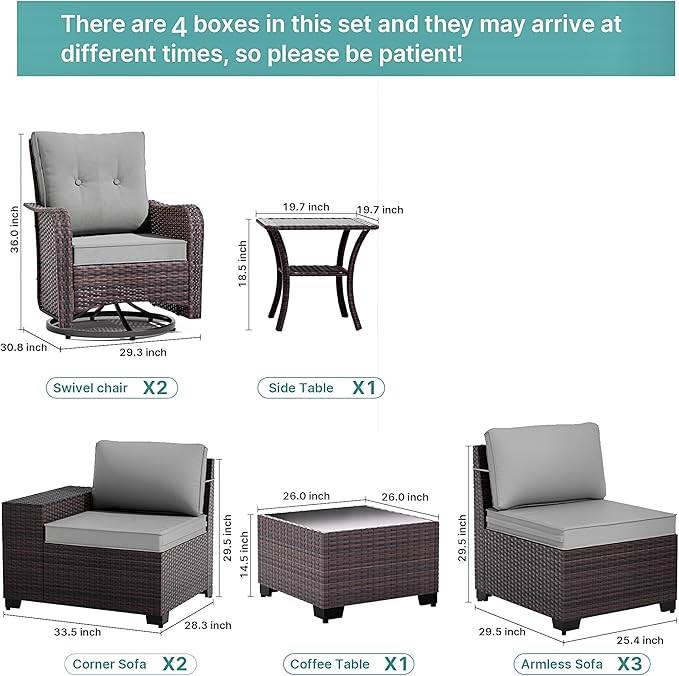 Gotland 9 Pieces Patio Furniture Set with 2 Swivel Chairs, 7-Seater Patio Furniture in 4 Combinations with Wide Armrests 29.5'' High Backrest, Wicker Outdoor Sectional for Deck Garden Pool Gray