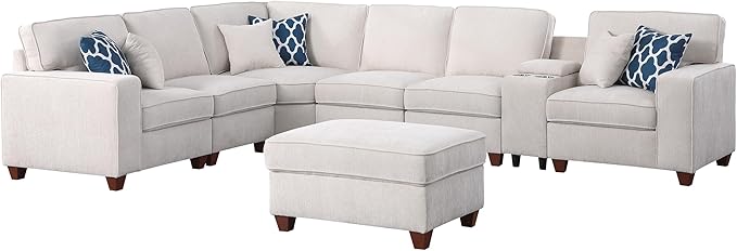 Ball & Cast 127" L-Shaped Sectional Couches for Living Room with Movable Ottoman,2 Cup Holders & USB Ports,7 Seat Chenille Upholstered Sofa W/6 Throw Pillows & Hidden Storage Box,DIY Combination,Beige