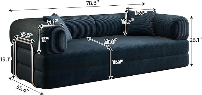 Ball & Cast 78" Convertible Floor Sofa Bed – 4-in-1 Modular Corduroy Sleeper with Fixed-Shape Support, No Assembly, Boneless Folding Couch with Armrests & Pillows – for Living Room, Apartments, Blue