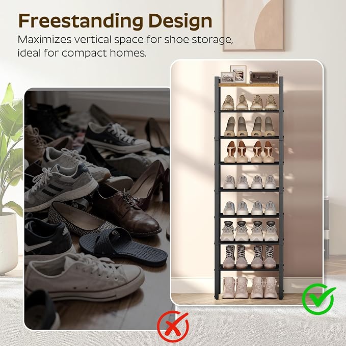 YATINEY 8-Tier Narrow Shoe Rack, Tall Shoe Rack for 8-16 Pairs, Slim Shoe Storage Organizer with Wooden Top, Space Saving, Metal Frame, for Entryway, Rustic Brown and Black SS608BR - Image 4