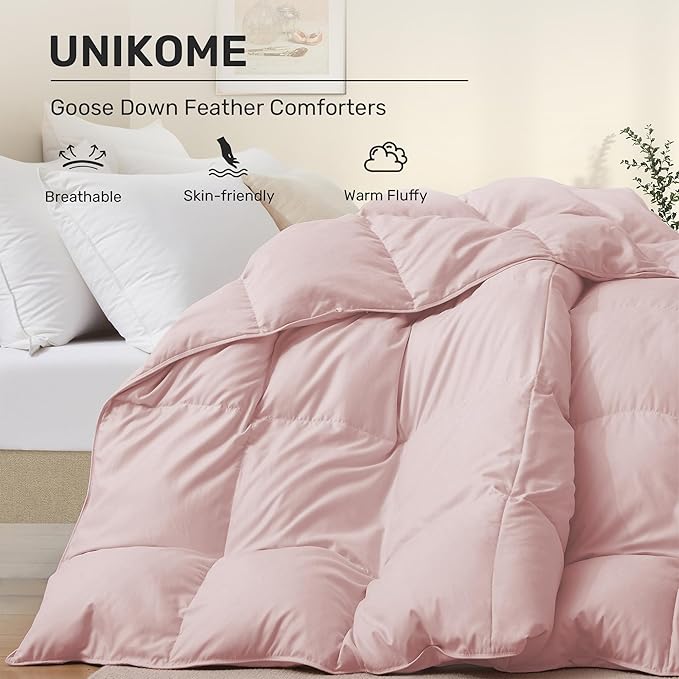 UNIKOME Goose Feather Down Fiber Comforter California King Size, All Season Duvet Insert with Soft Downproof Cover, Cloud-Like Fluffiness Bed Comforters with Corner Tabs (Cal King, Pink, 108"X94")