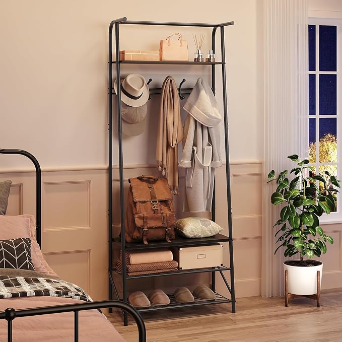 IDEALHOUSE Coat Rack Shoe Bench with 5 Hooks, Hall Trees Entryway Bench with Storage, Wood Look Accent Furniture with Metal Frame for Entryway, Living Room, Bedroom (Deep Black) by IDEALHOUSE