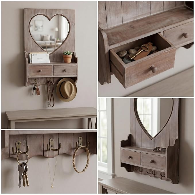 Rustic Farmhouse Wooden Entryway Mirror with Shelf and Hooks, 16"x24" Heart Shape Wood Frame Wall Mirror with Storage Drawer (Distress Brown) - Image 3