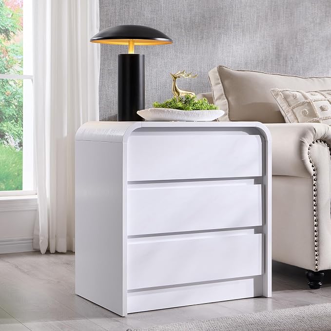 Aitjunz 25" Tall Modern Nightstand with Charging Station, 23.6'' Wide Wood Bedside Table w/3 Storage Drawers, Small Dresser w/Curved Profile Design, End Table for Bedroom, White by AITJUNZ