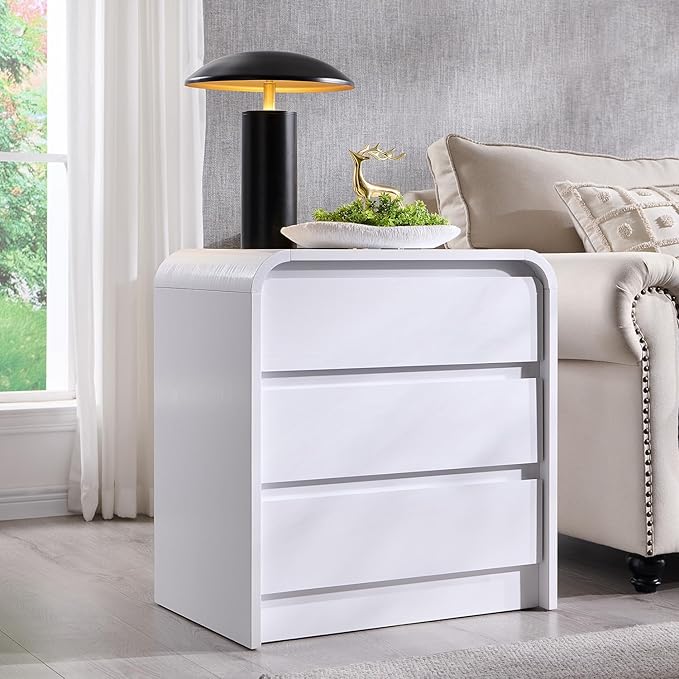 Aitjunz 25" Tall Modern Nightstand Set of 2, 23.6" Wide Wood Bedside Table with Charging Station, 3 Storage Drawers Side Table w/Curved Profile Design, End Table for Bedroom, White - Image 2