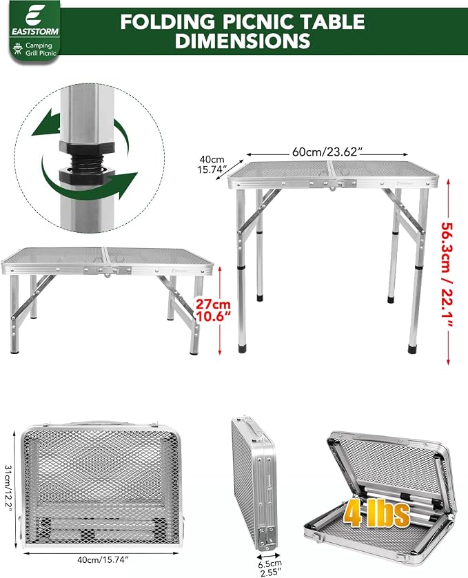 Small 2ft Folding Table with Carry Handle, Adjustable Height 10.6" or 22", Silver Metal Mesh, Portable & Compact Indoor/Apartment/Card/Side/Grill Table, 23.6"Lx15.8"W, Lightweight 4 lb, 66 lb Capacity - Image 3