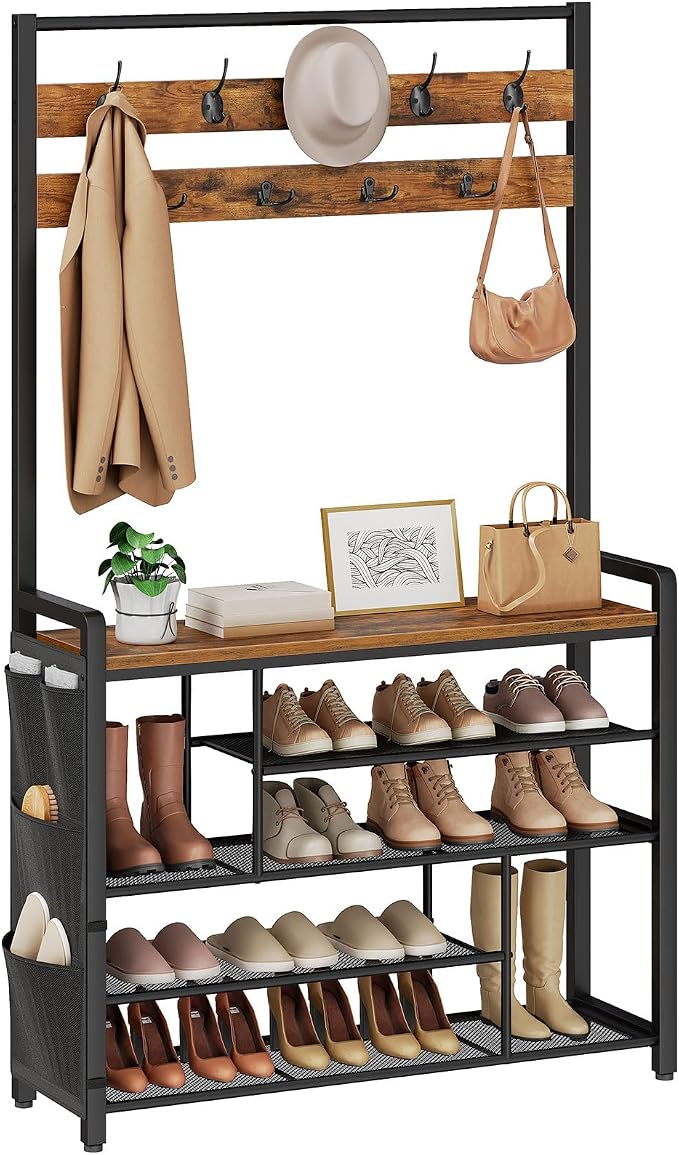 HOOBRO Hall Tree with Bench, Shoe Rack with Coat Rack, 39.4" Coat Rack with Shoe Storage, 5 Tier Shoe Storage Organizer, Oxford Fabric Side Pockets, Coat and Shoe Rack Entryway, Rustic Brown BF46MT01 - Image 9