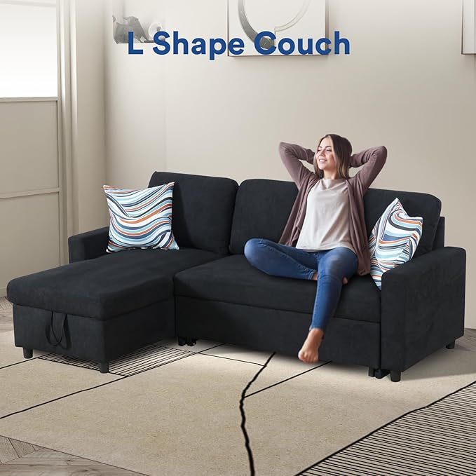 Rovibek 83" Convertible Sofa Bed Couch with Storage - 4 in 1 L Shaped Sofa with Pull Out Couch Bed for Living Room, Apartment, Office, Small Spaces, Jet Black