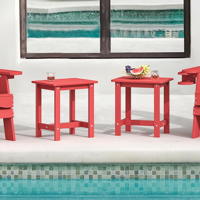 LUE BONA Outdoor Side Table, HDPS Small Outdoor Adirondack Side Tables, Outside End Table for Patio, Porch, Deck, Pool, Weather Resistant/Easy Maintenance, Bright Red - Image 2