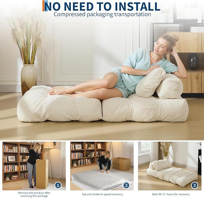 Folding Sofa Bed, Convertible Sleeper Chair with Pillow Foldable Matress with Back Support, Portable Fold Out Chair Bed Comfy Floor Sofa Lounge for Living Room Bedroom, Beige, Single