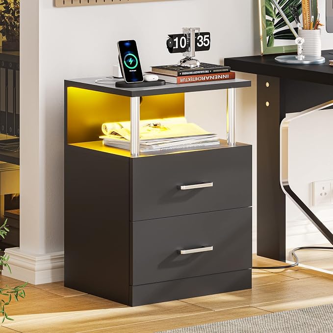 VIAGDO Black Nightstand Set of 2 with Charging Station and USB Ports, LED Night Stand with 2 Drawers, Modern End Side Tables with Open Storage, Bedside Tables for Bedroom, Office - Image 7