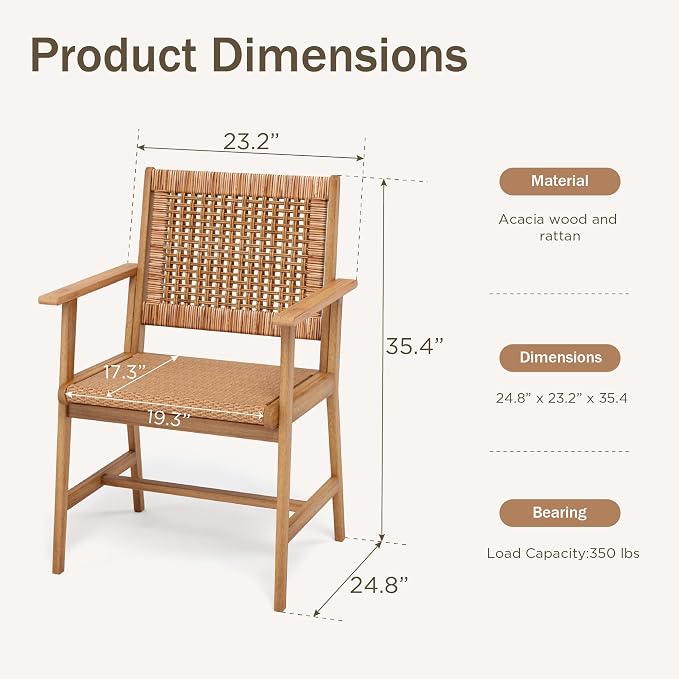 PHI VILLA Outdoor Acacia Wood Chairs Set of 2, Patio Dining Armchairs with Wicker Back & Seat, Farmhouse Style Teak Seating Furniture for Deck Yard Balcony Garden - Bright Brown - Image 9