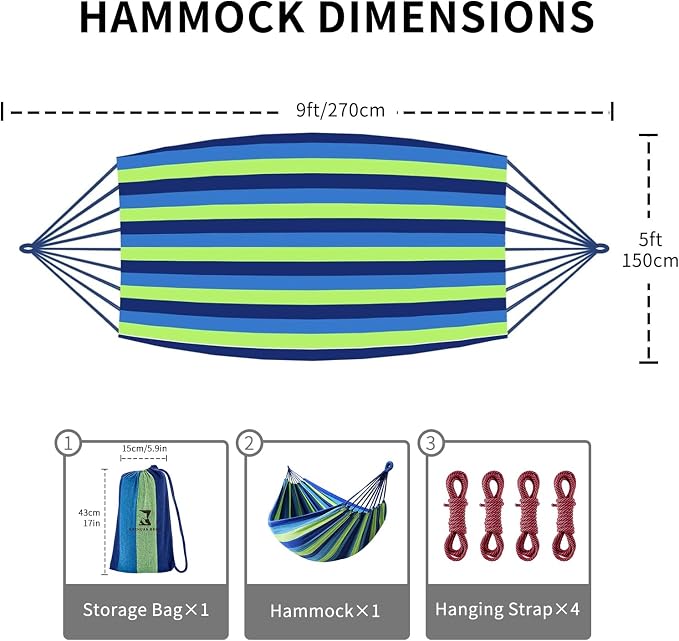 Camping Hammock Comfortable Fabric Hammocks with Tree Straps for Travel Patio Garden, Hanging Sturdy Indoor/Outdoor Hammock Up to 660lbs Portable Hammocks with Travel Bag - Image 5