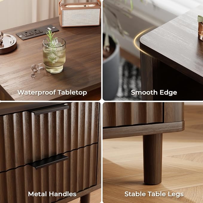 Fluted Nightstand with Charging Station, 2 Drawers Storage Bedside Table, Solid Wood Modern Nightstand with Open Shelf, Curved Profile Design, End Table for Indoor Room Bedroom Office, Walnut - Image 5
