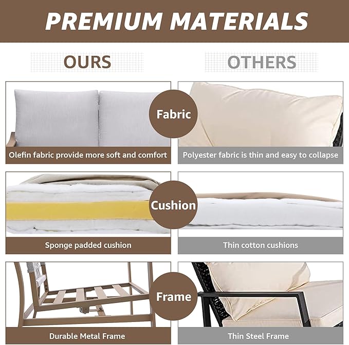 NATURAL EXPRESSIONS 4 Pieces Patio Furniture Sets, Modern Metal Outdoor Conversation Sets with High Back All Weather Hand-Woven Rope Rocking Chairs, Loveseat, Metal Table, 6" Thick Olefin Cushions