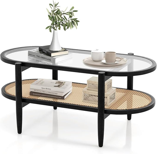 Tangkula Rattan Coffee Table, 40”L Boho Oval Acacia Wood Cocktail Table with Tempered Glass Tabletop & PE Rattan Storage Shelf, 2-Tier Tea Center Table for Living Room Office Reception (Boho, Black)