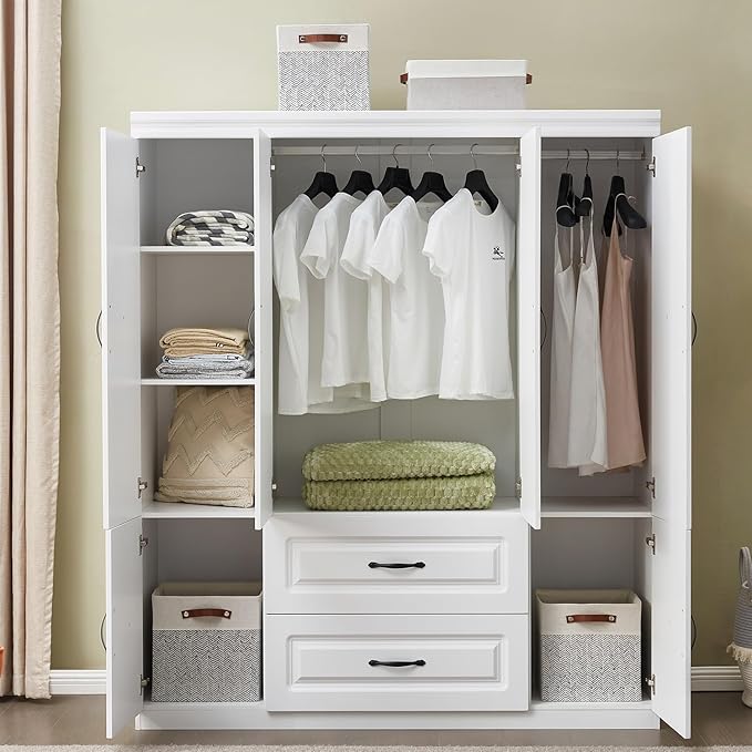 GraceGrove Armoire Wardrobe Closet with 4 Doors Armoires and Wardrobes with 2 Drawers,Tall Cabinet Wardrobe Cabinet with Hanging Rail and Metal Handle for Bedroom White