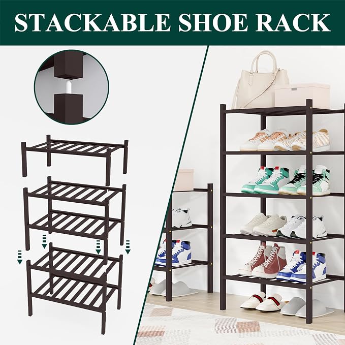 Smiry Shoe Rack, 2 Tier Small Bamboo Shoe Organizer, Stackable Free Standing Wooden Shoe Storage Shelf for Closet, Entryway, Front Door Entrance, Brown - Image 4