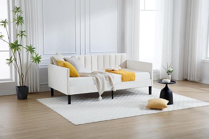 GDFStudio Twin Size Upholstered Daybed, Futon Sofa Bed Ribbed Tufted Backrest Lavish Modern Design, Couch Bed Frame for Bedroom Living Room Guest Room Apartment,Beige Velvet