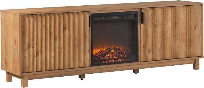 Walker Edison Arundo Reeded TV Stand with Fireplace & Storage, 70" Fireplace, English Oak by WalkerEdison