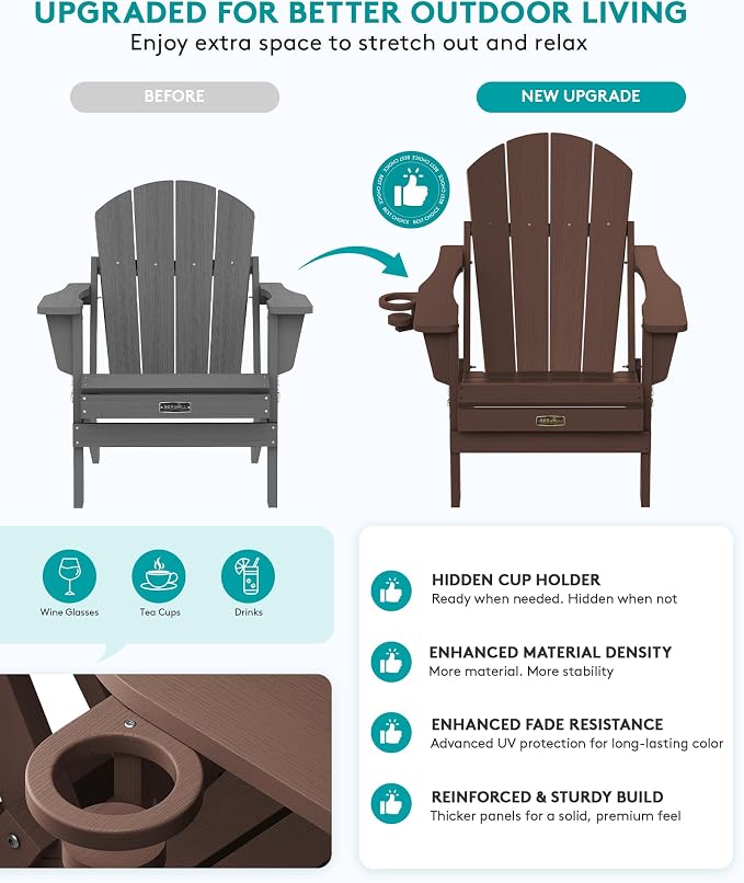 SERWALL Folding Adirondack Chair Set of 2, All Weather Adirondack Chairs with Cup Holder for Patio Garden Outdoors Fire Pit - Coffee - Image 7
