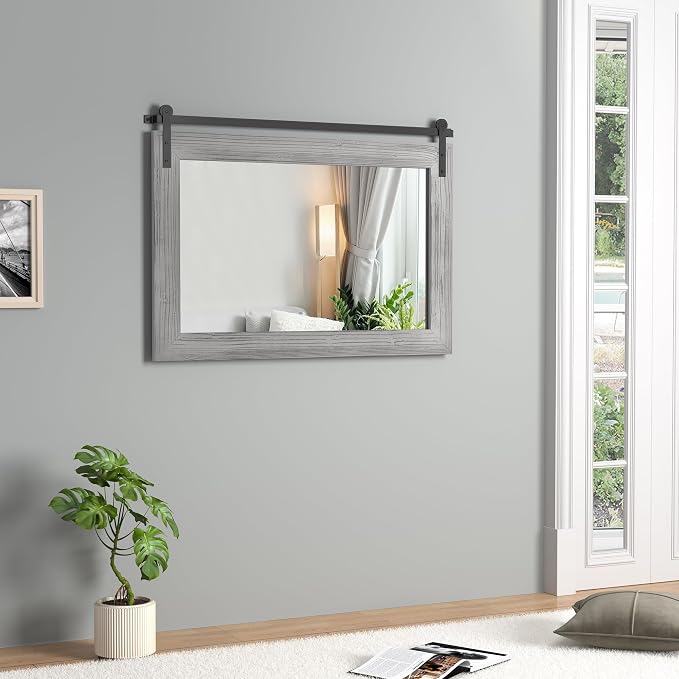 COGOOD Farmhouse Bathroom Mirror - 41" x 30" Rustic Barn Door Mirror for Living Room, Entryway, Bedroom, Vanity Wall Decor (Grey) - Image 3